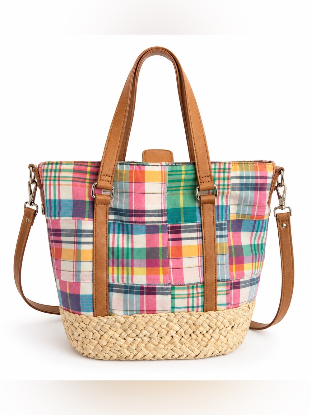 Madras Patchwork Plaid Straw Tote Bag Convertible Crossbody Coastal Summer